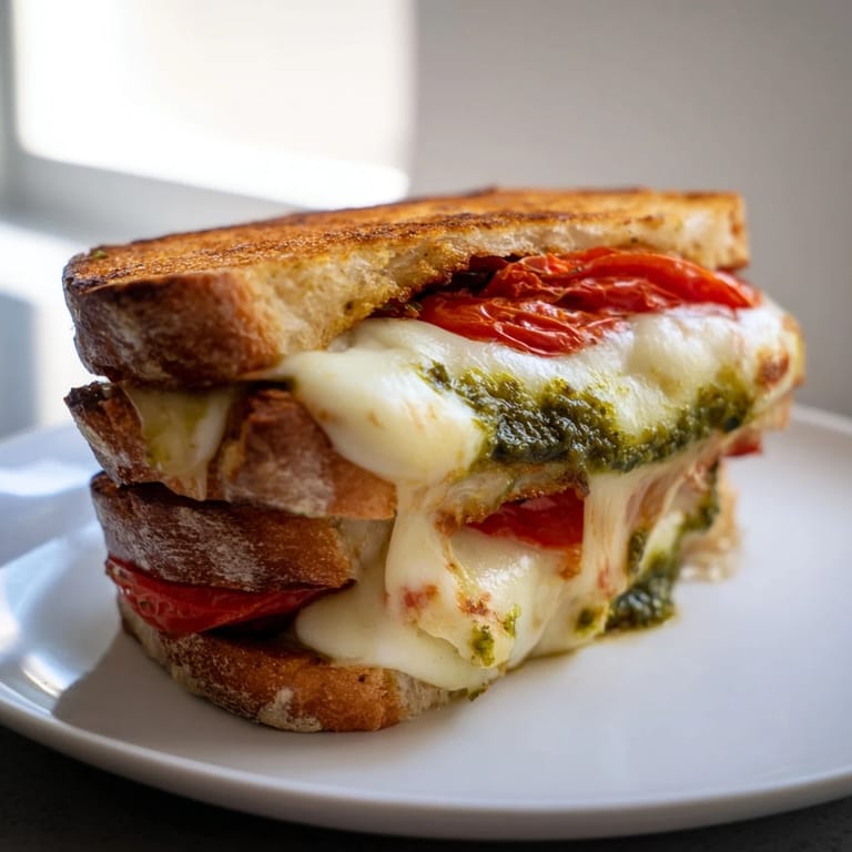 This comforting Roasted Tomato Pesto Grilled Cheese is served warm, steam rising from the melted cheddar and mozzarella blend.