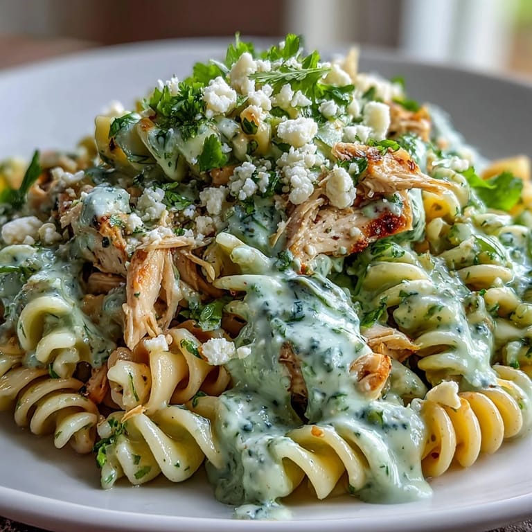 A close-up of a bowl of Cilantro Lime Chicken Pasta featuring bright cilantro, juicy chicken, and twirled rotini.