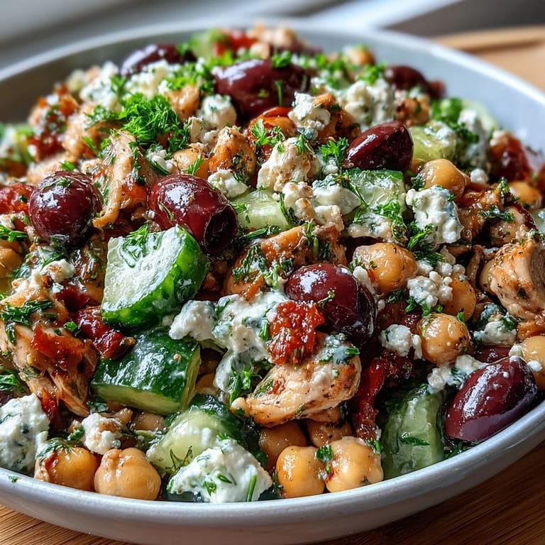 Hearty Mediterranean Chickpea Chicken Salad served in a bowl, featuring chickpeas, cherry tomatoes, cucumber, and crumbled feta cheese.
