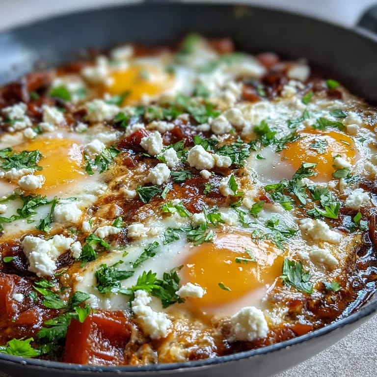 Ready-to-serve Shakshuka features runny egg yolks in a spiced tomato and pepper sauce, garnished with parsley.