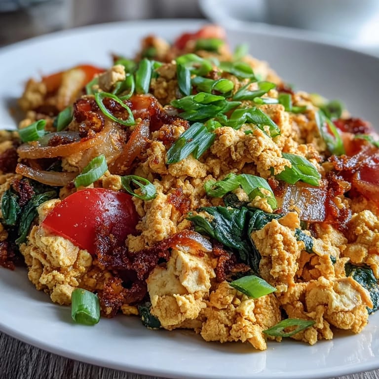 A vibrant pan of tofu scramble, featuring turmeric-spiced crumbled tofu and fresh diced tomatoes.