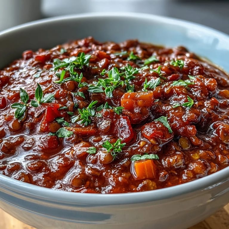 A close-up of hearty Lentil Bolognese sauce simmering in a pot with herbs and diced vegetables.  