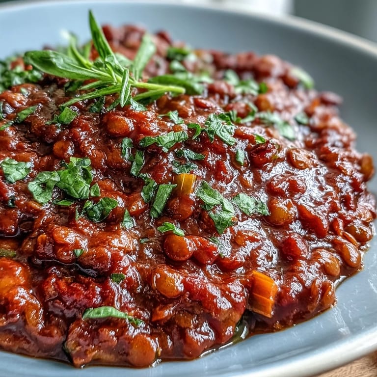 Homemade Lentil Bolognese plated with spaghetti, a fork, and a side salad on a rustic table.