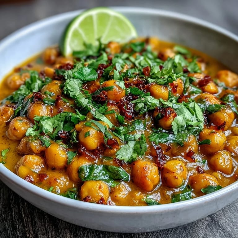 Close-up of vegan chickpea curry with wilted spinach, served alongside fluffy white rice and a lime wedge.