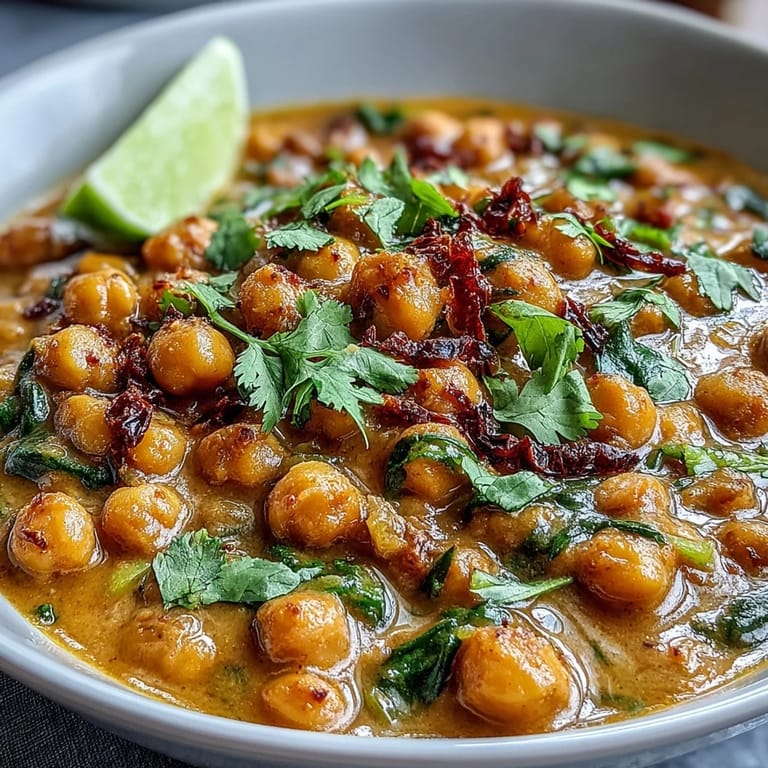 Comforting chickpea curry in a white ceramic bowl, topped with fresh cilantro and ready to serve with naan.