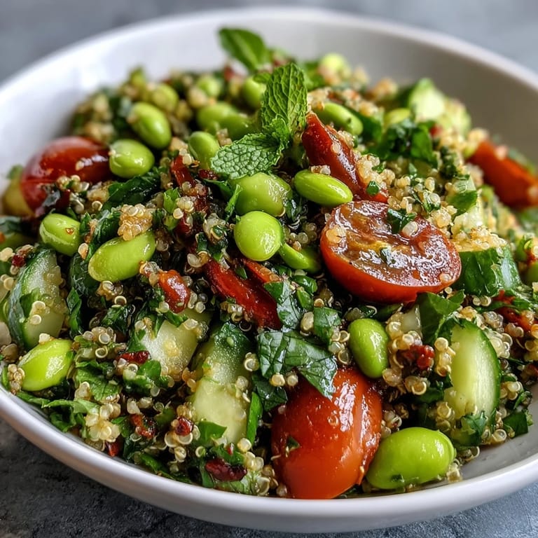 This protein-rich Edamame and Quinoa Salad sits beside a fork, perfect for a healthy vegetarian lunch.  