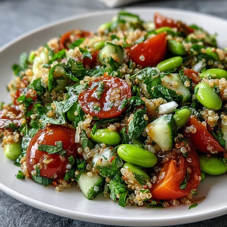 Edamame and Quinoa Salad with crisp vegetables and tangy citrus dressing, ideal for meal prep or a side dish.