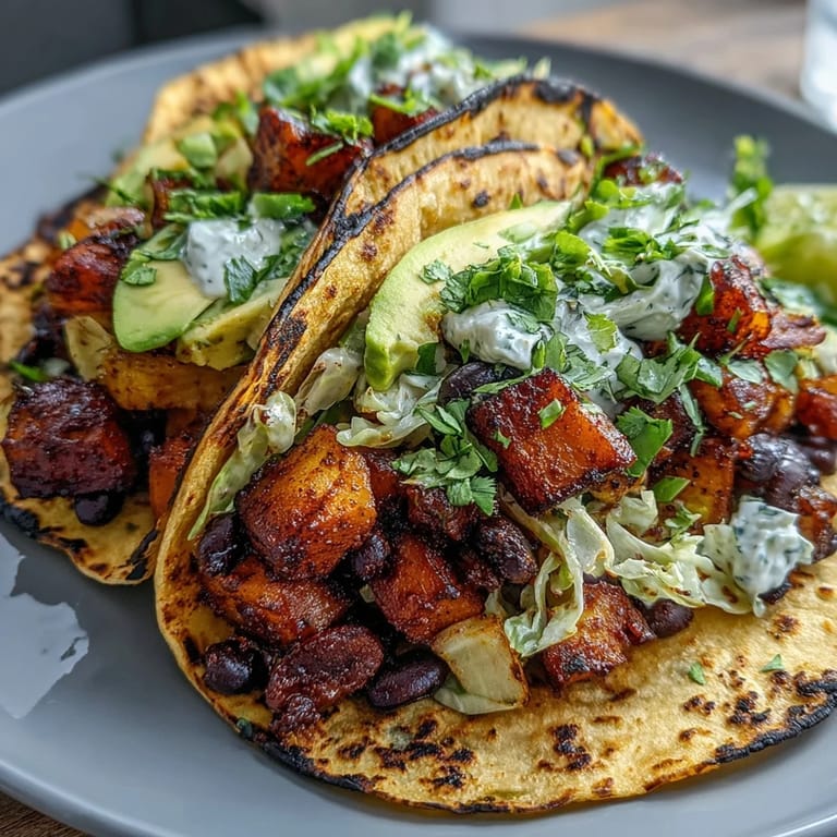 Roasted sweet potatoes and black beans fill charred tortillas, garnished with cilantro and a lime wedge.