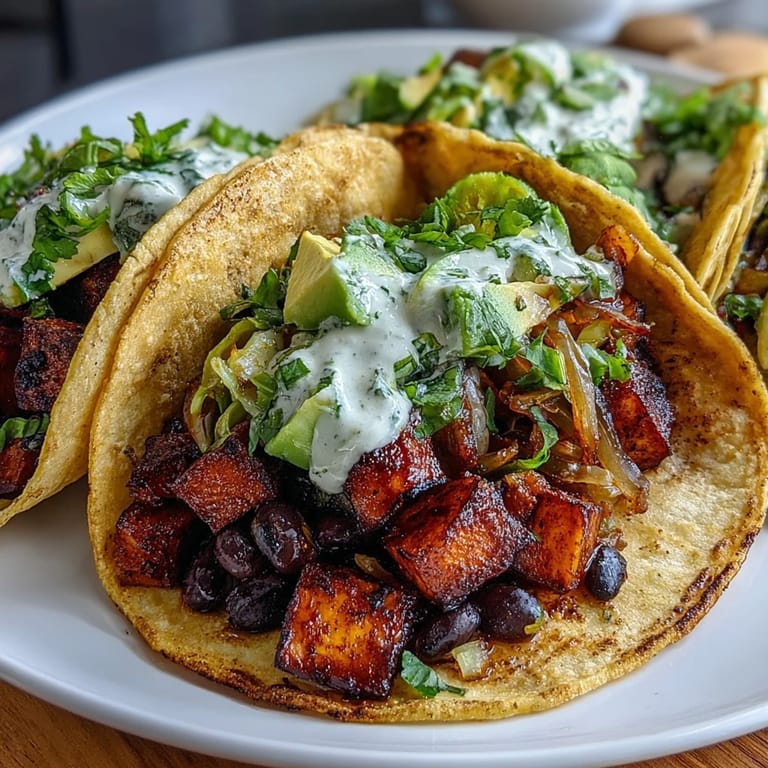 Hearty vegan Black Bean and Sweet Potato Tacos topped with vegan feta and a drizzle of sour cream.