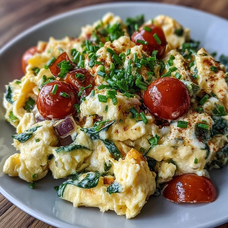 A close-up of a light egg and vegetable scramble in a skillet, topped with fresh herbs, showcasing its fluffy texture and colorful mix of zucchini, spinach, and tomatoes.