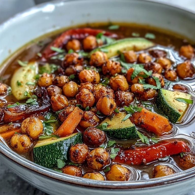Serving suggestion for Spiced Chickpea and Vegetable Soup with crusty bread on the side, highlighting the aromatic spices.