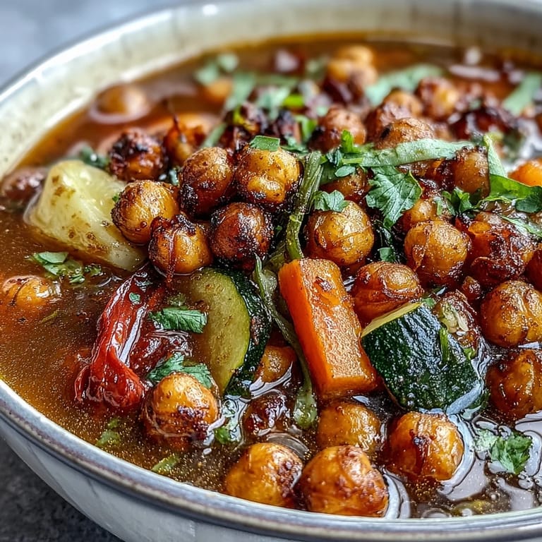 Steaming pot of Spiced Chickpea and Vegetable Soup with vibrant carrots, kale, and red bell pepper visible in the broth.  
