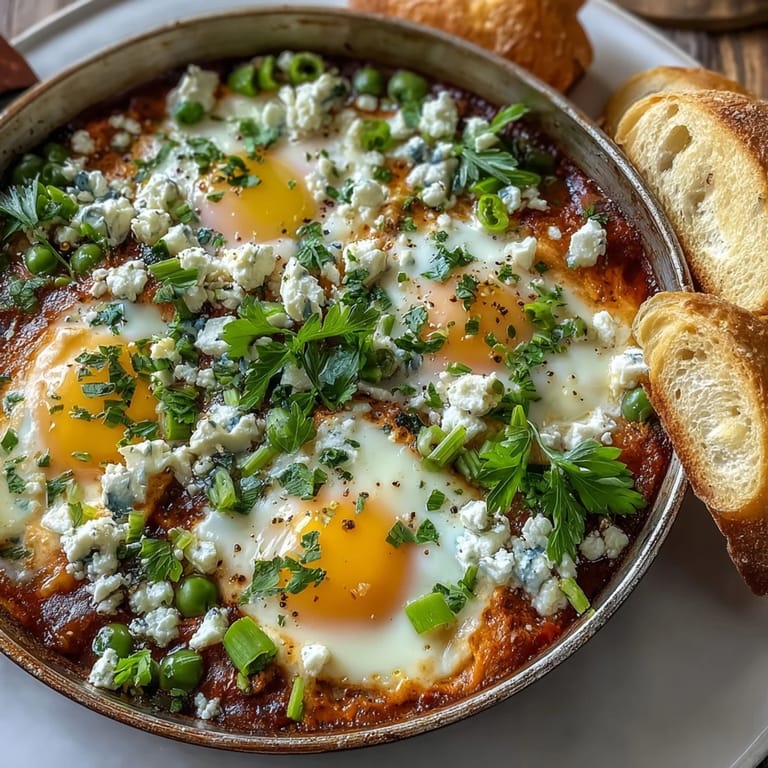 Runny egg yolks nestle among sweet broad beans in this colorful skillet shakshuka, perfect for a spring brunch or dinner.