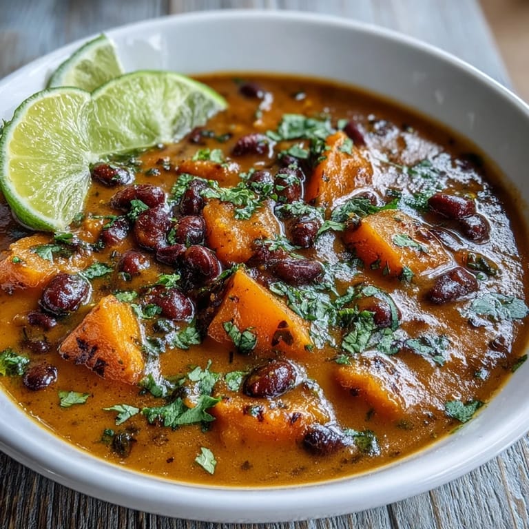 Hearty bowl of sweet potato and black bean soup garnished with lime wedges, ready to serve with crunchy tortilla chips on the side.