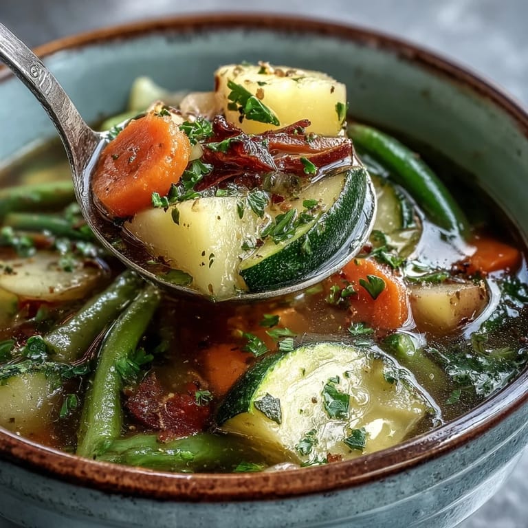 Hearty Potato and Vegetable Soup in a rustic ceramic bowl, surrounded by crusty bread and fresh garden vegetables.
