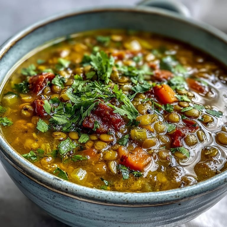 Golden mung bean soup simmering in a pot with diced carrots and celery, fragrant with Indian spices like cumin and turmeric.