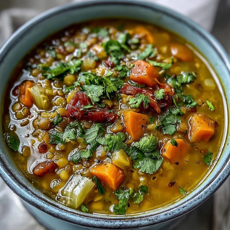 A nourishing ladleful of vegan mung bean soup, featuring soft beans and vegetables in a rich, aromatic broth.