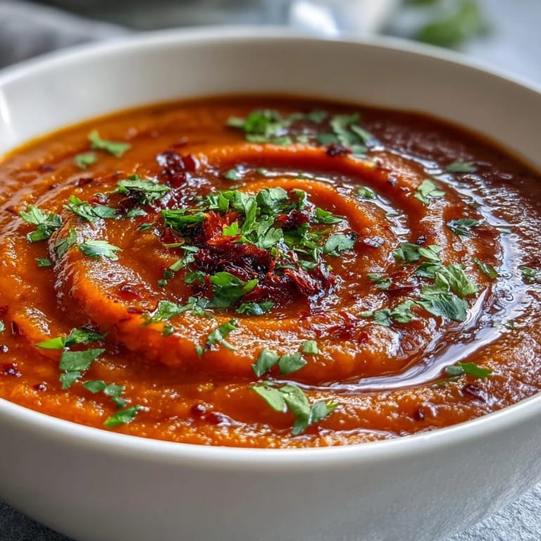 Golden roasted carrots, sweet potato, and peppers blended into a smooth, vibrant Roasted Vegetable Soup.