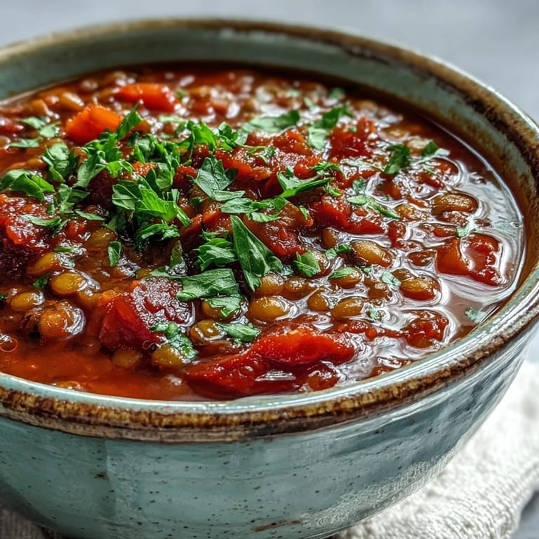 Vibrant Tomato Lentil Soup garnished with lemon wedge and parsley beside a rustic spoon.