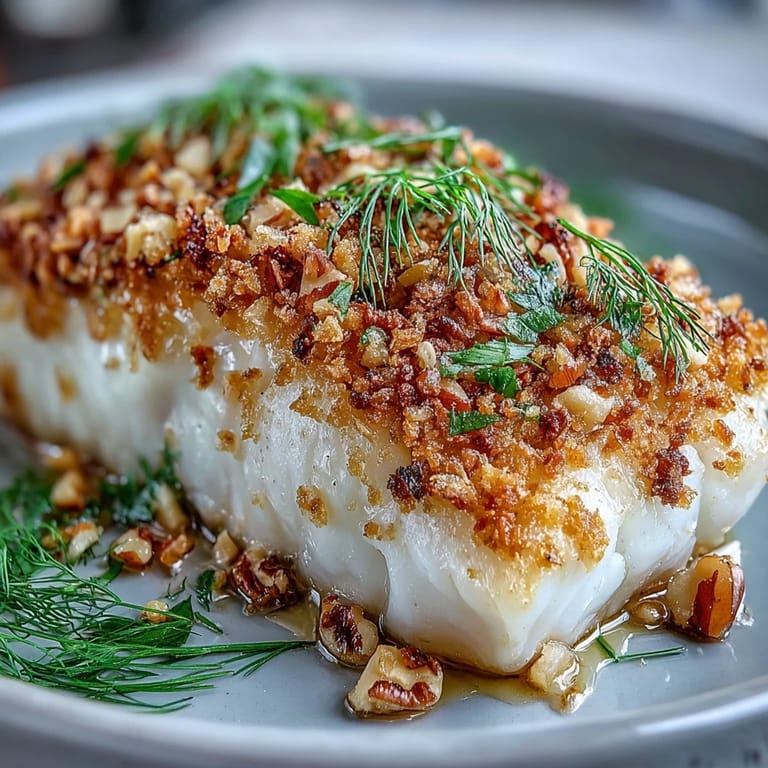 Baked Halibut With Fennel, Lemon and Walnut Pangrattato served hot from the oven.