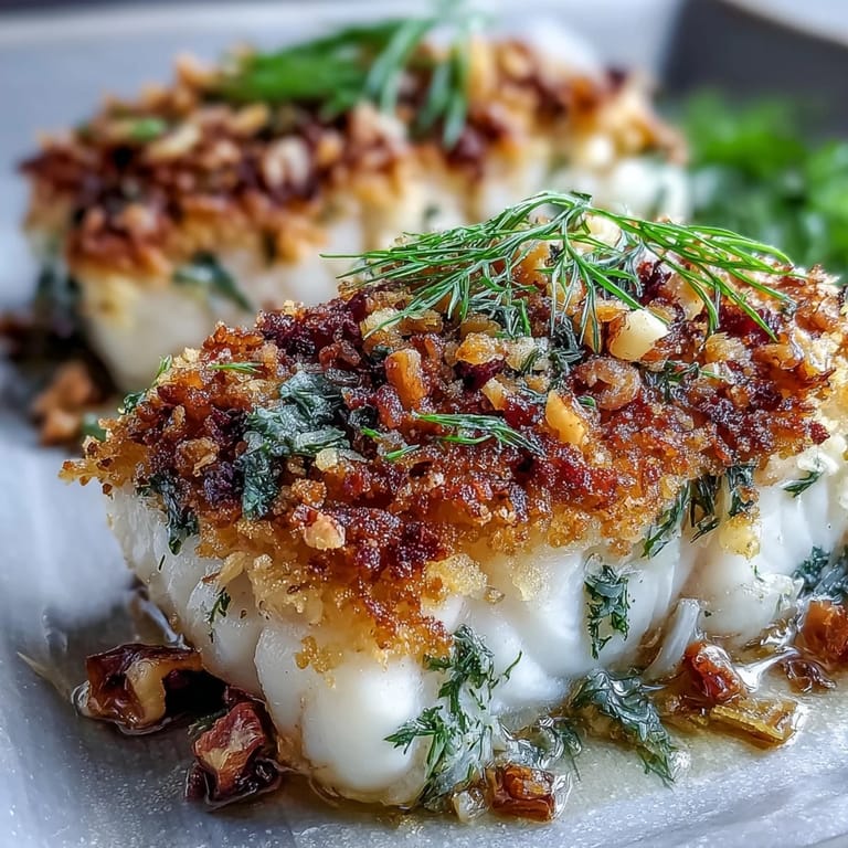 Tender halibut baked with fennel and finished with a crisp walnut and lemon breadcrumb topping.