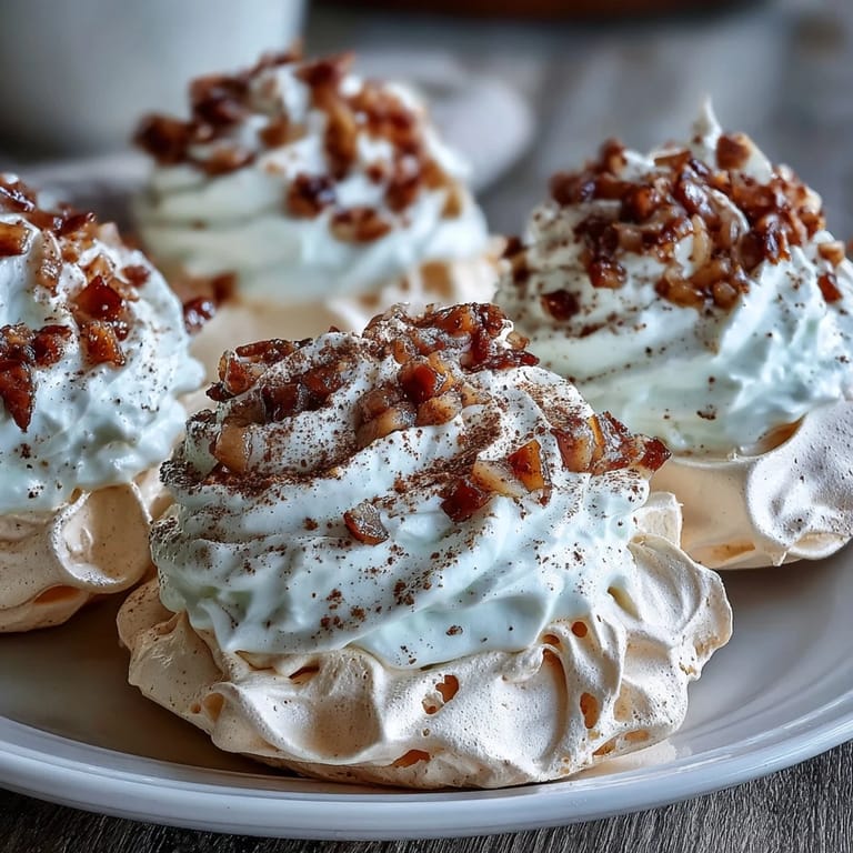 Close-up of Mini Hot Toddy Pavlovas featuring crisp meringue shells, creamy topping, and warm cinnamon spices.