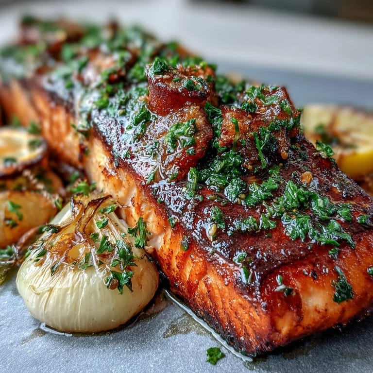Gluten-free One-Pan Roast Salmon With Leeks, Onions, and Parsley Dressing garnished with lemon slices, ready for a healthy weeknight meal.