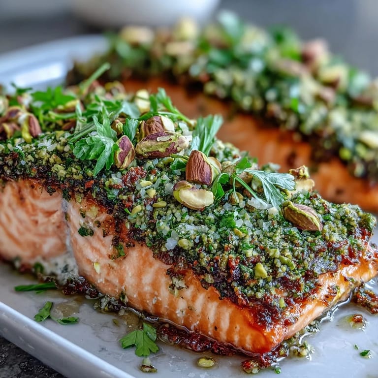 Tender Confit Salmon With Tahini, Pistachio and Herb Crust flaking easily with a fork, paired with a crisp salad for a healthy weeknight dinner.