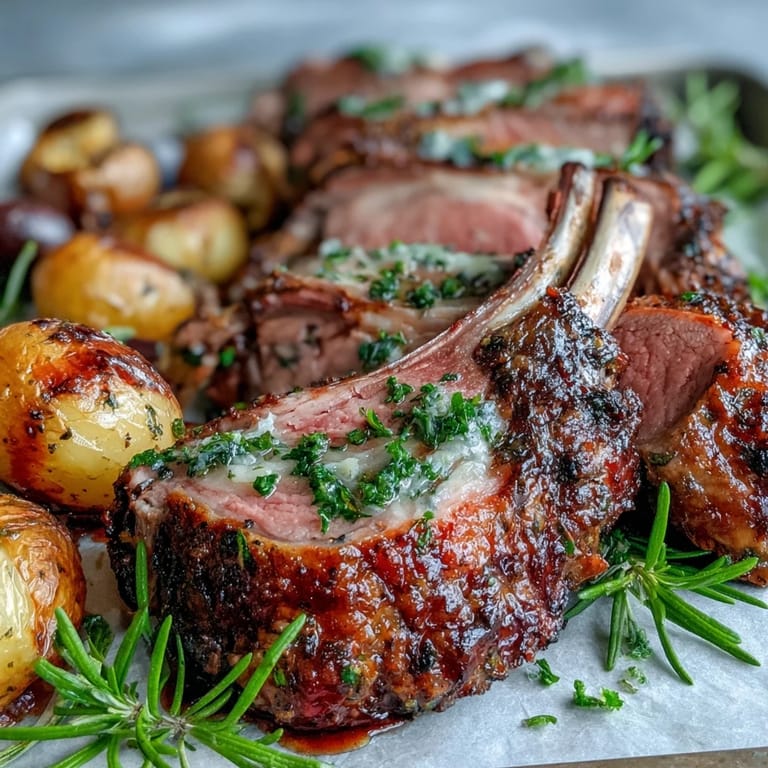 The One-Pan Roast Rack of Lamb and Green Olive Potatoes reveals juicy, herb-crusted lamb alongside crispy, olive-studded potatoes on a warm serving platter.