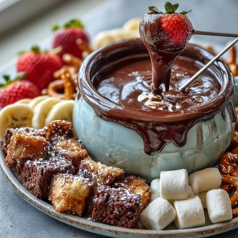 Cups of Boozy Chocolate Fondue dip strawberries and pound cake for sharing.