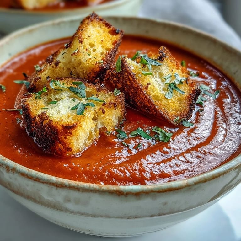 Creamy roasted red pepper soup in a white bowl with crunchy croutons.