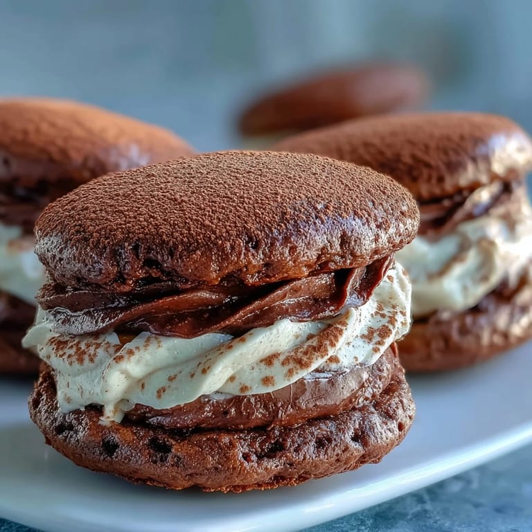 Five sweet Tiramisu Whoopie Pies are arranged on a white plate, ready to serve with coffee for dessert.