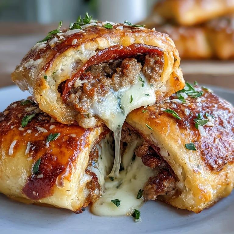 Sliced Irresistible High Protein Pepperoni Pizza Rolls arranged on a white plate, revealing a cross-section of cheesy, meaty filling and golden crust.