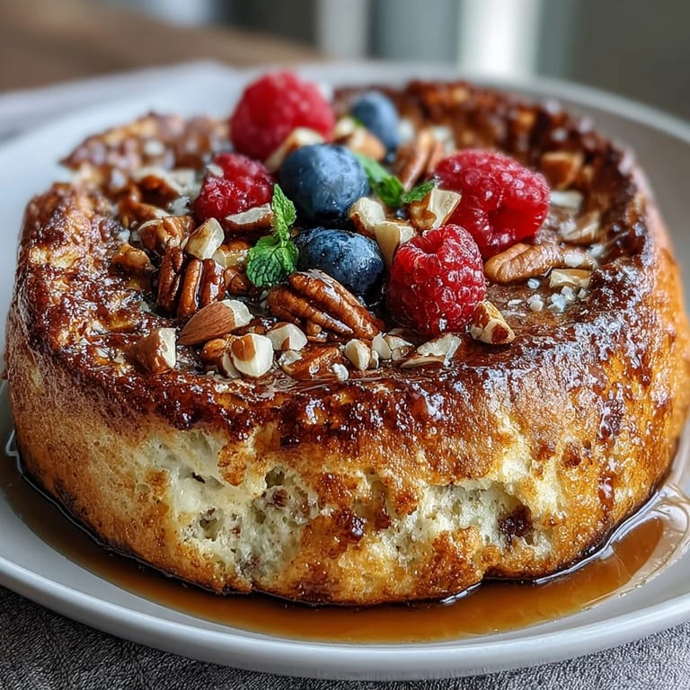 Fork and knife slicing into a warm Baked Protein Pancake Bowl, revealing a fluffy, high-protein interior and melting chocolate chips.