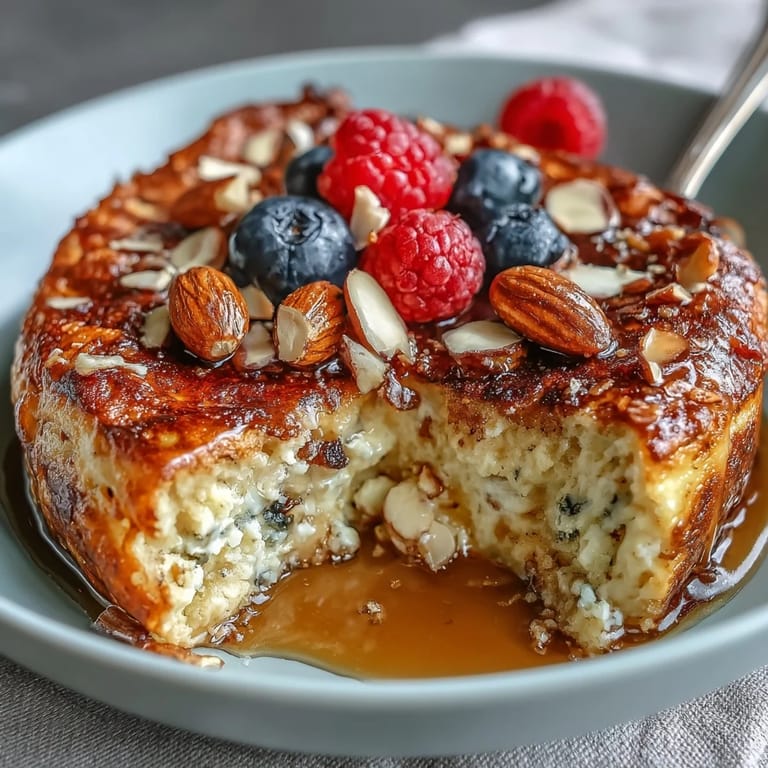 Steaming Baked Protein Pancake Bowl served in a white ramekin with a drizzle of maple syrup and chopped walnuts.