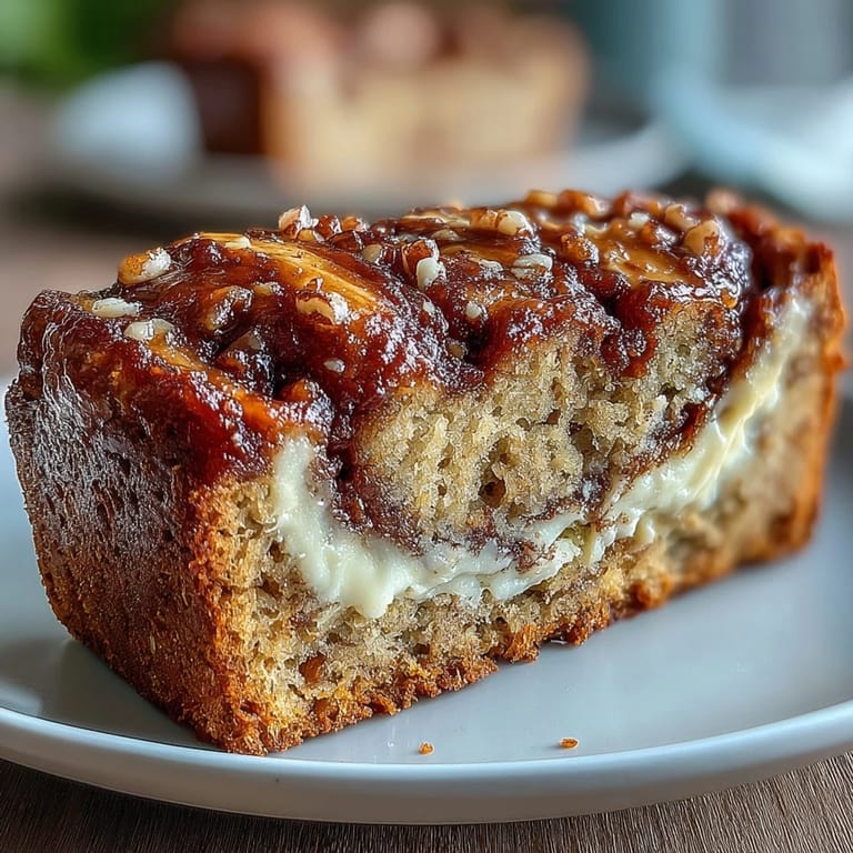 A loaf of Cream Cheese Cinnamon Swirl Banana Bread sliced, showing rich cream cheese filling and banana texture.