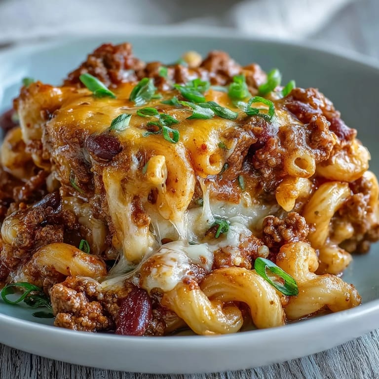 A cozy bowl of One-Pan High Protein Chili Mac topped with sour cream and green onions.