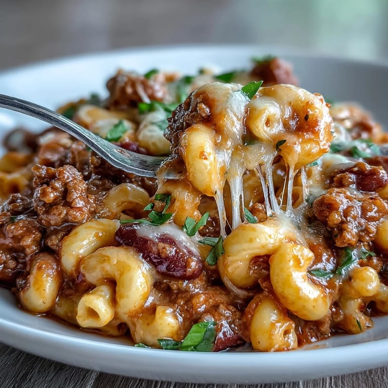 One-Pan High Protein Chili Mac served in a rustic bowl with crushed tortilla chips on the side.