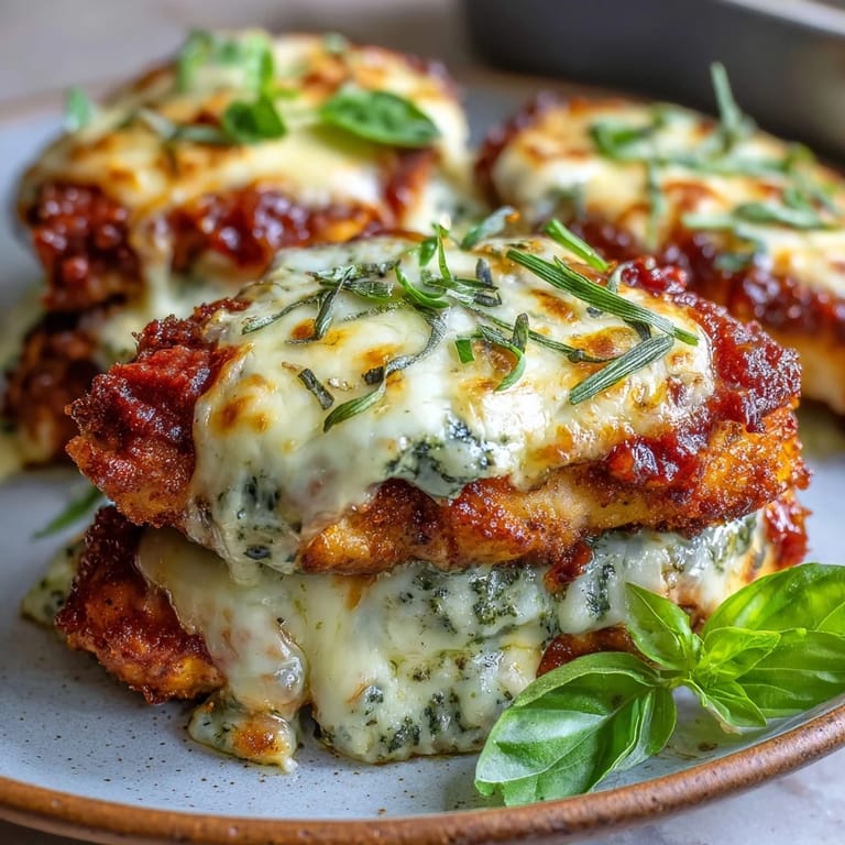 Close-up of Pesto Chicken Parmesan revealing juicy chicken, melted mozzarella, and rich marinara under a crispy breadcrumb crust.