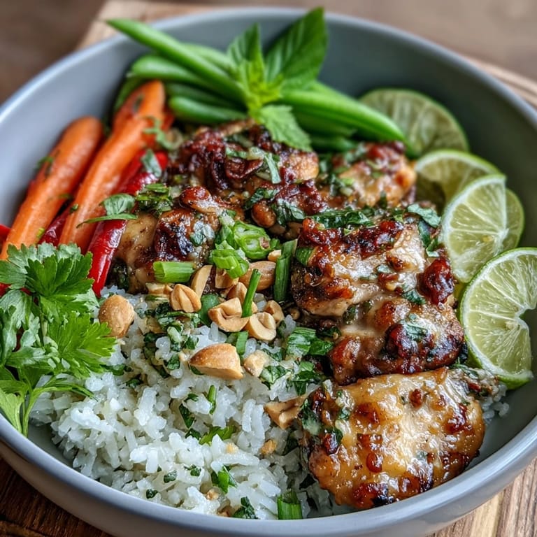 Garnished Thai Chicken Coconut Bowl ready to serve, featuring juicy chicken, colorful snap peas, and fresh cilantro with lime wedges.