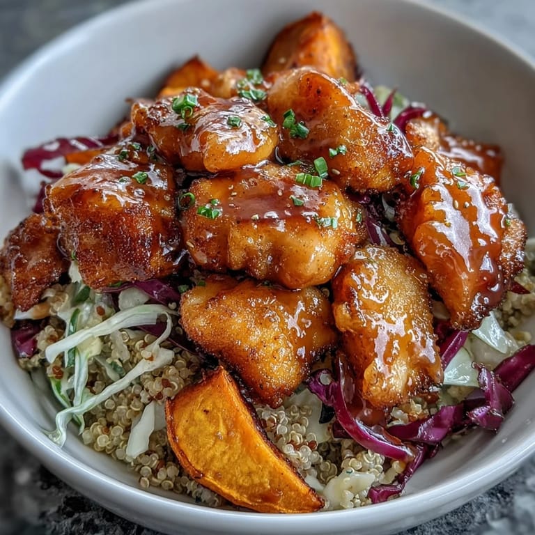 Vibrant hot honey chicken bowl featuring tender chicken, caramelized sweet potatoes, crunchy cabbage slaw, and quinoa with spicy-sweet dressing.