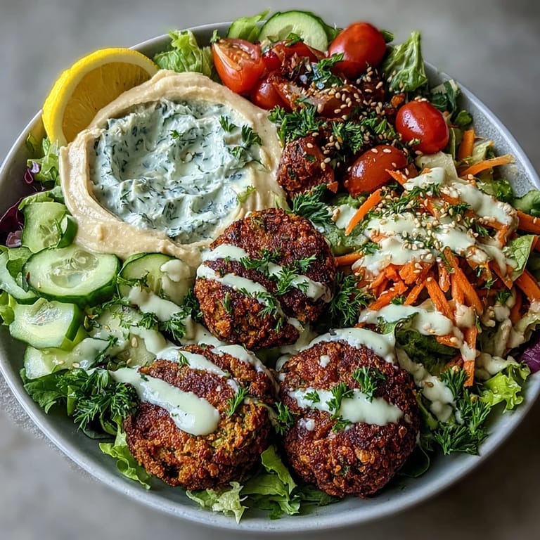 Colorful Mediterranean falafel bowl featuring crunchy falafel, tangy tzatziki, fresh vegetables, and a sprinkle of sesame seeds.  