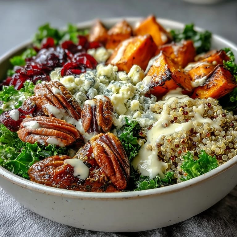 A nourishing vegetarian bowl featuring fluffy quinoa, massaged kale, and dried cranberries, topped with a creamy lemon tahini sauce.  