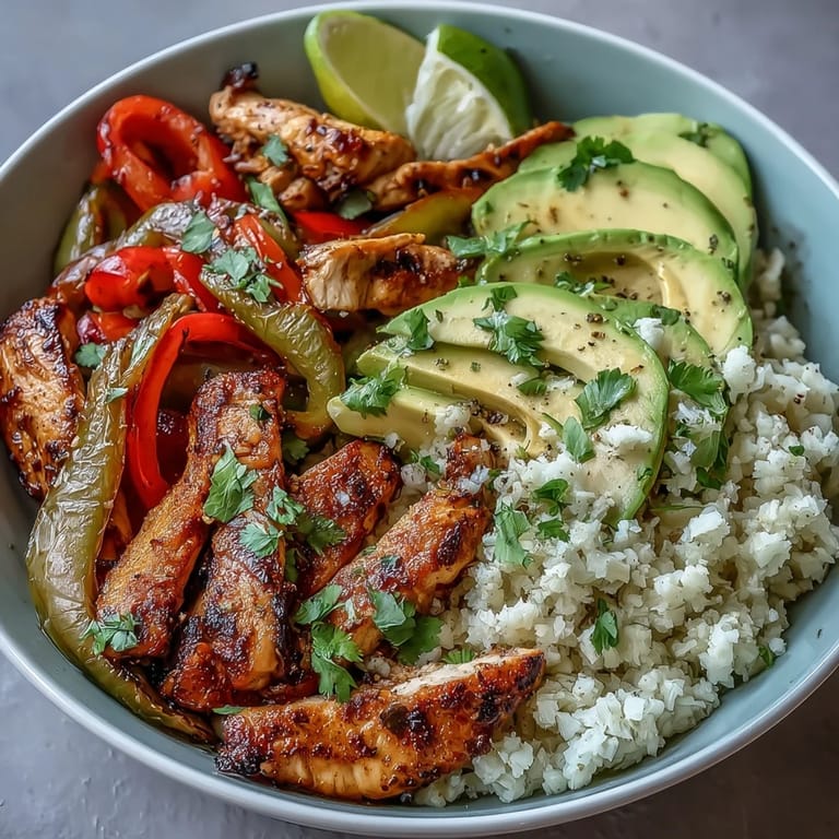 Vibrant fajita vegetables and juicy chicken strips, seasoned with smoky spices and roasted on a single sheet pan, served in a customizable bowl.