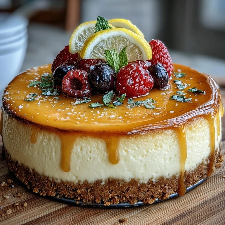 Zesty lemon cheesecake filling over graham cracker base, topped with lemon curd and berries.
