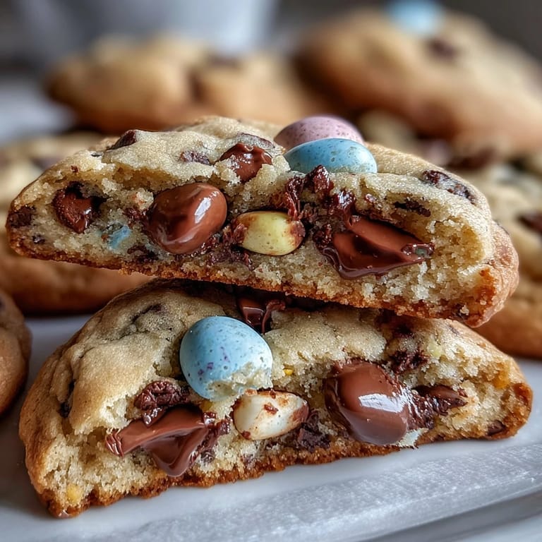Soft Easter cookies packed with Cadbury Mini Eggs, offering a delightful mix of chocolate chips and candy-coated crunch.  