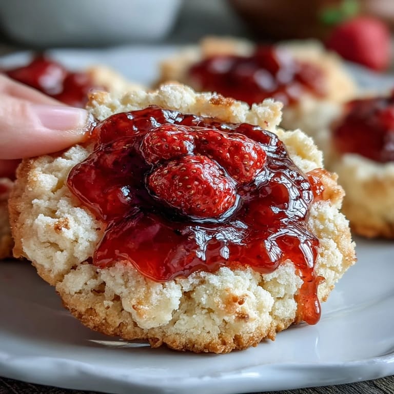 Buttery, melt-in-your-mouth thumbprint cookies filled with sweet strawberry jam, showcasing bright red centers against soft, pale cookie dough.