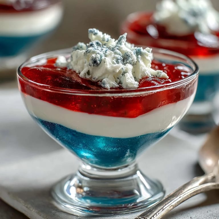 Patriotic layered Jello cups with strawberry, white cream, and blue raspberry layers in clear cups.