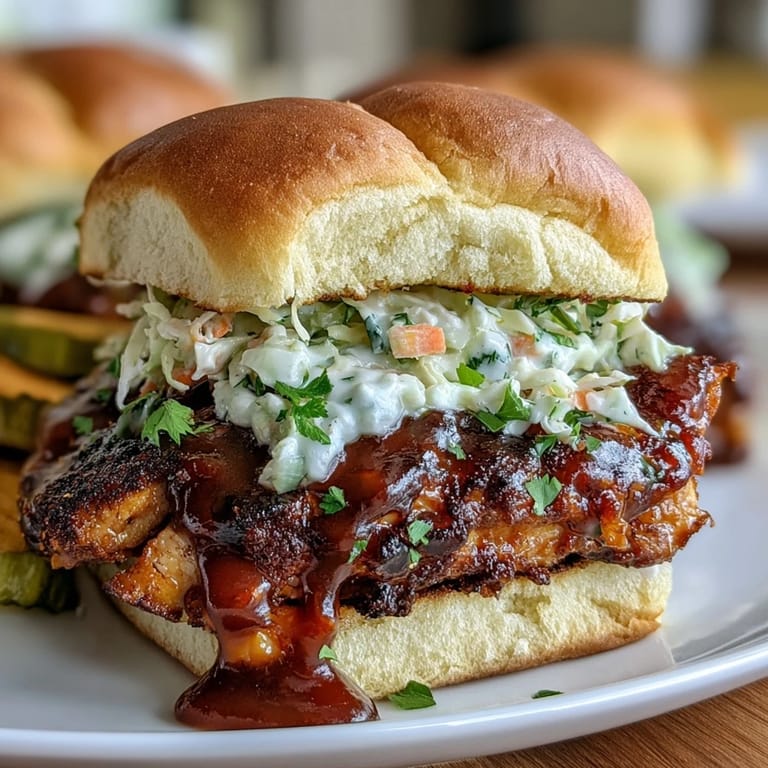 3. Flavorful 4th of July BBQ chicken sliders featuring smoky meat and crunchy coleslaw, ideal for holiday parties.