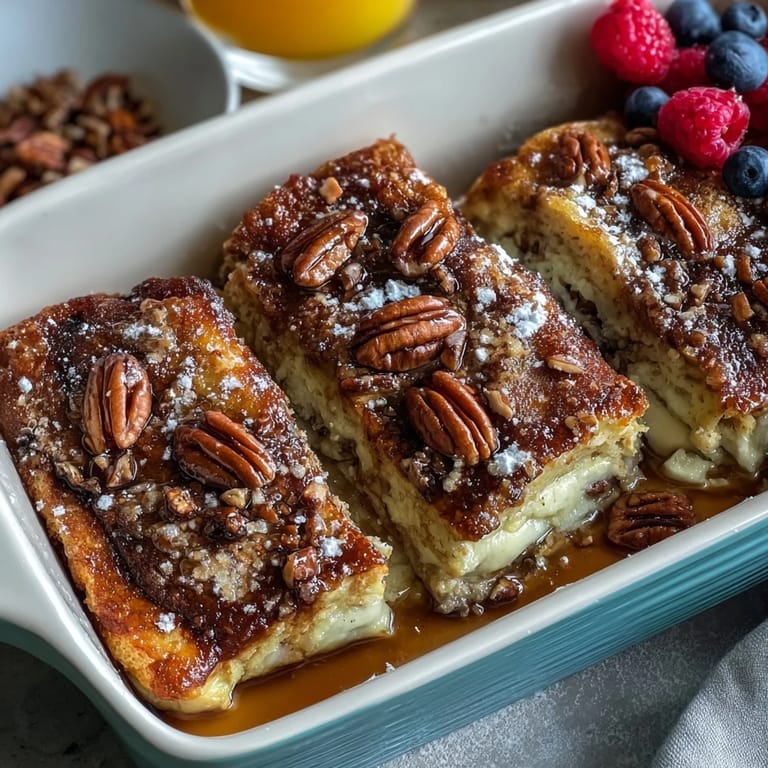 Warm pancake casserole with swirls of maple syrup and chopped nuts, perfect for a crowd.  